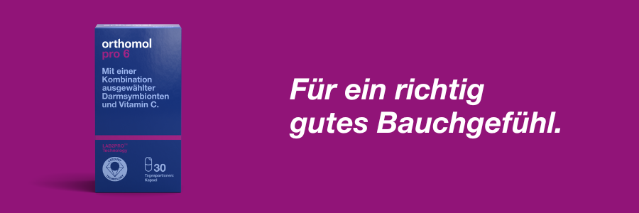 Orthomol pro 6 Packung. Blaue Schachtel. Text: Für ein richtig gutes Bauchgefühl.